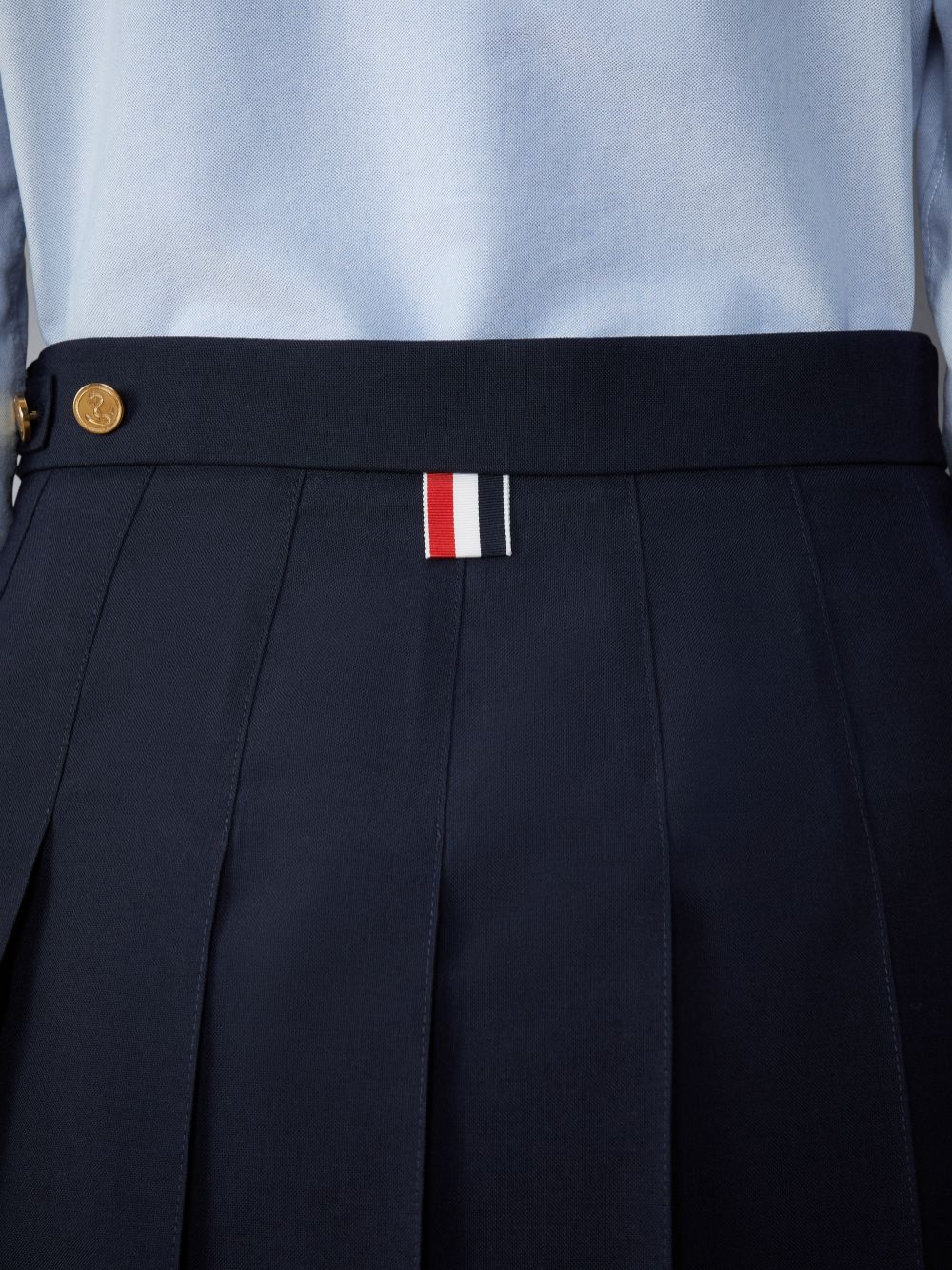 Thom Browne School Uniform Plain Weave Grosgrain Stripe Dropped Back Pleated Mini Women Skirts Navy | SXG48I92228