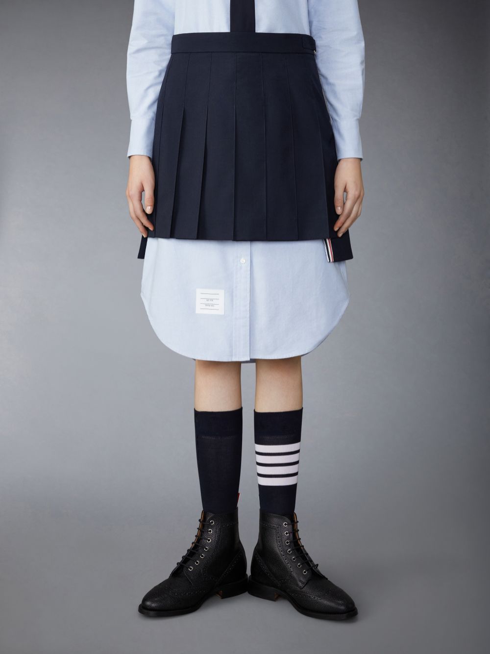 Thom Browne School Uniform Plain Weave Grosgrain Stripe Dropped Back Pleated Mini Women Skirts Navy | SXG48I92228