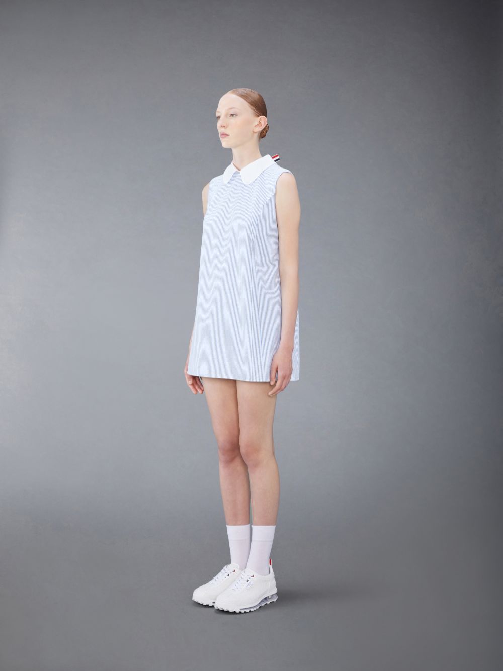 Thom Browne Seersucker Box Pleat Baby Doll Women Dress Blue | TDE65J19878