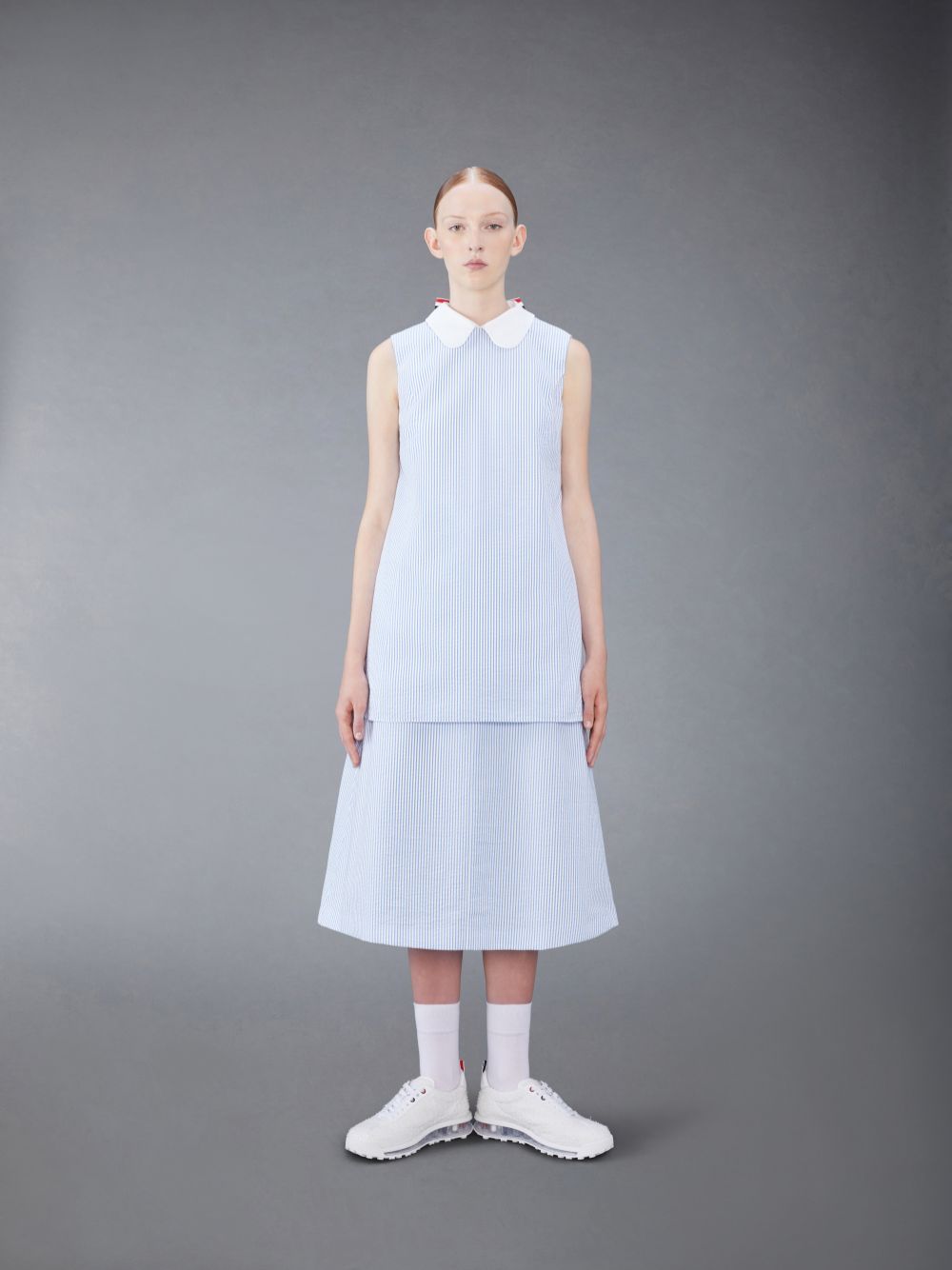 Thom Browne Seersucker Box Pleat Baby Doll Women Dress Blue | TDE65J19878