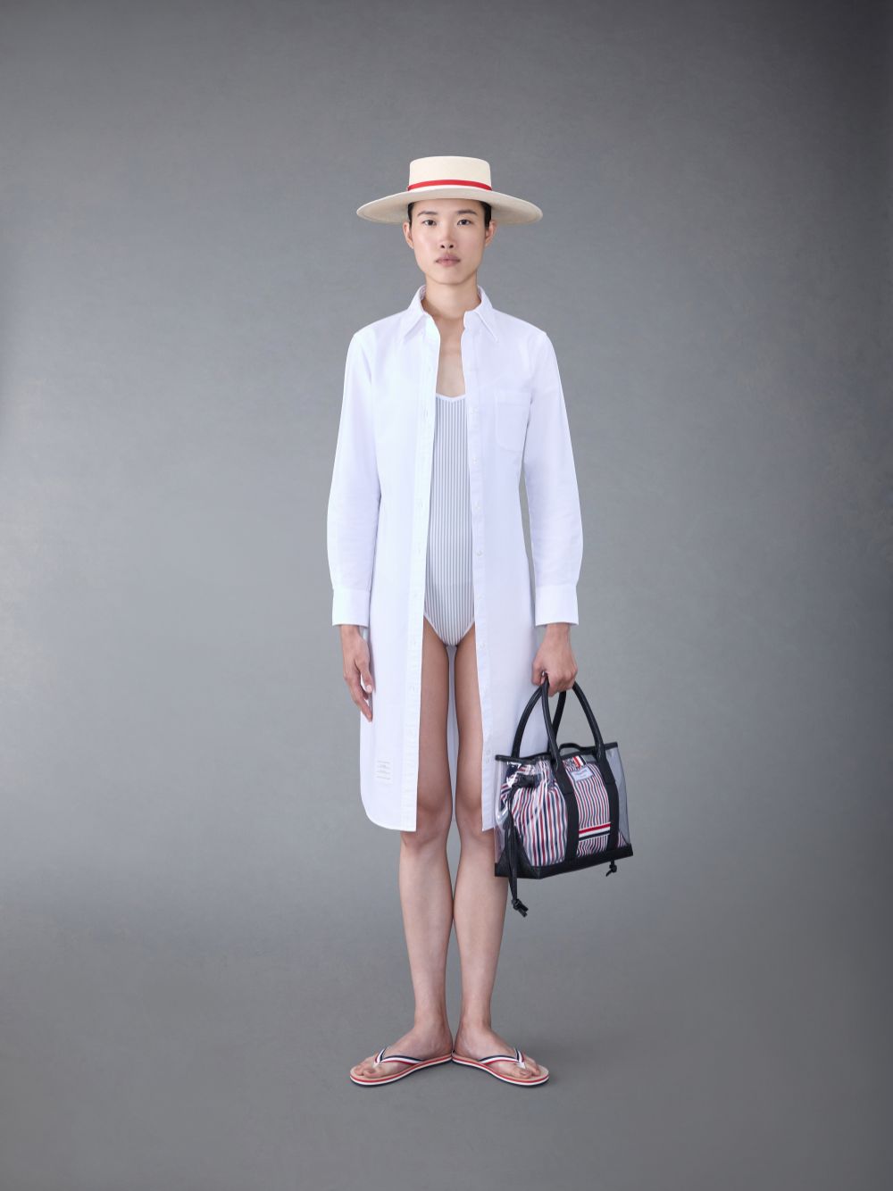 Thom Browne Seersucker One Piece Women Swimsuits Grey | TOB24E60846