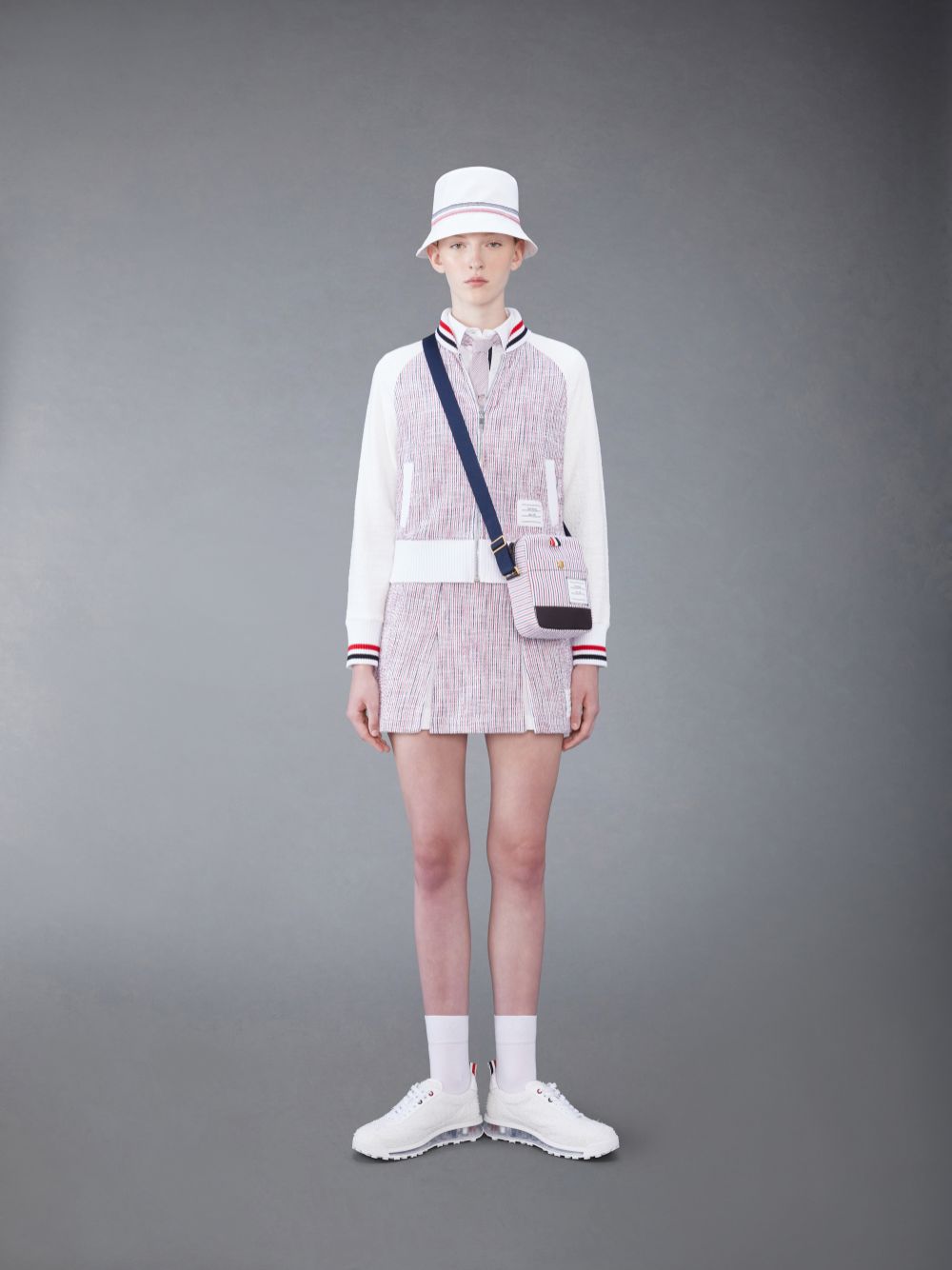 Thom Browne Seersucker Tweed Box Pleat Mini Women Skirts White | DLD31N85968