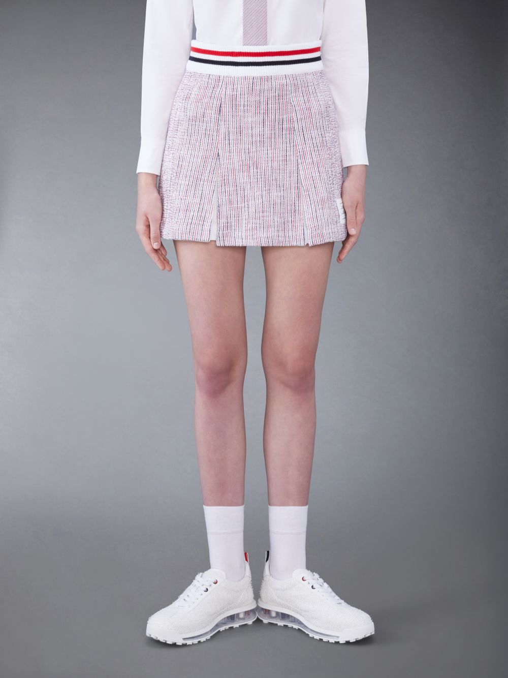 Thom Browne Seersucker Tweed Box Pleat Mini Women Skirts White | DLD31N85968