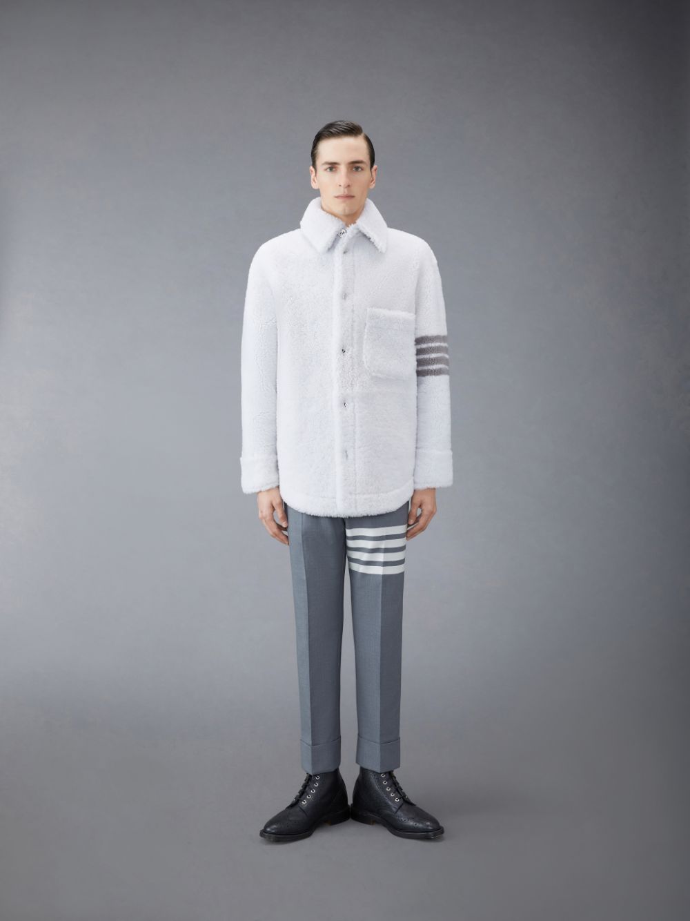 Thom Browne Shearling 4-Bar Oversized Shirt Men Jackets White | NTY13E14366