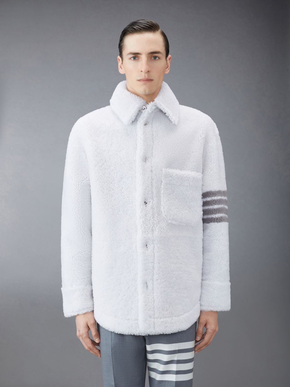 Thom Browne Shearling 4-Bar Oversized Shirt Men Jackets White | NTY13E14366