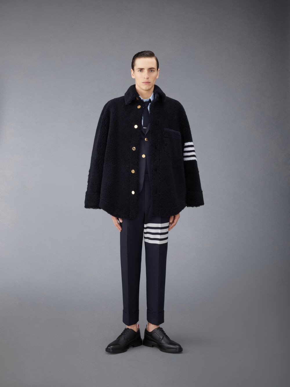 Thom Browne Shearling 4-Bar Oversized Shirt Men Jackets Blue | MQX10D33506