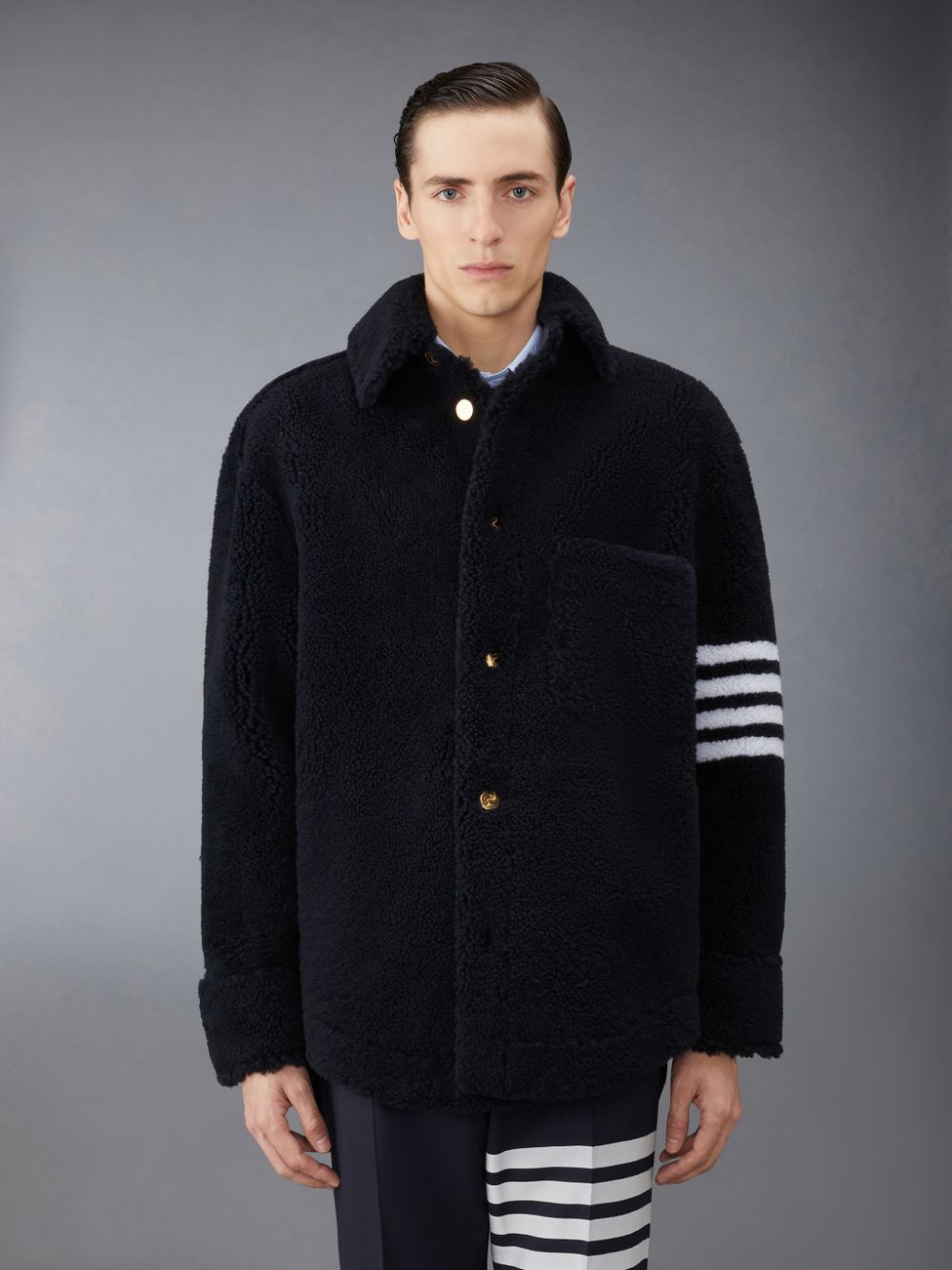 Thom Browne Shearling 4-Bar Oversized Shirt Men Jackets Blue | MQX10D33506