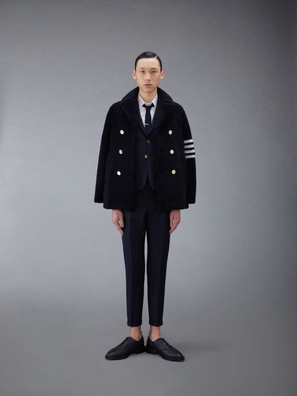 Thom Browne Shearling 4-Bar Peacoat Men Coats Blue | YIO02X43860