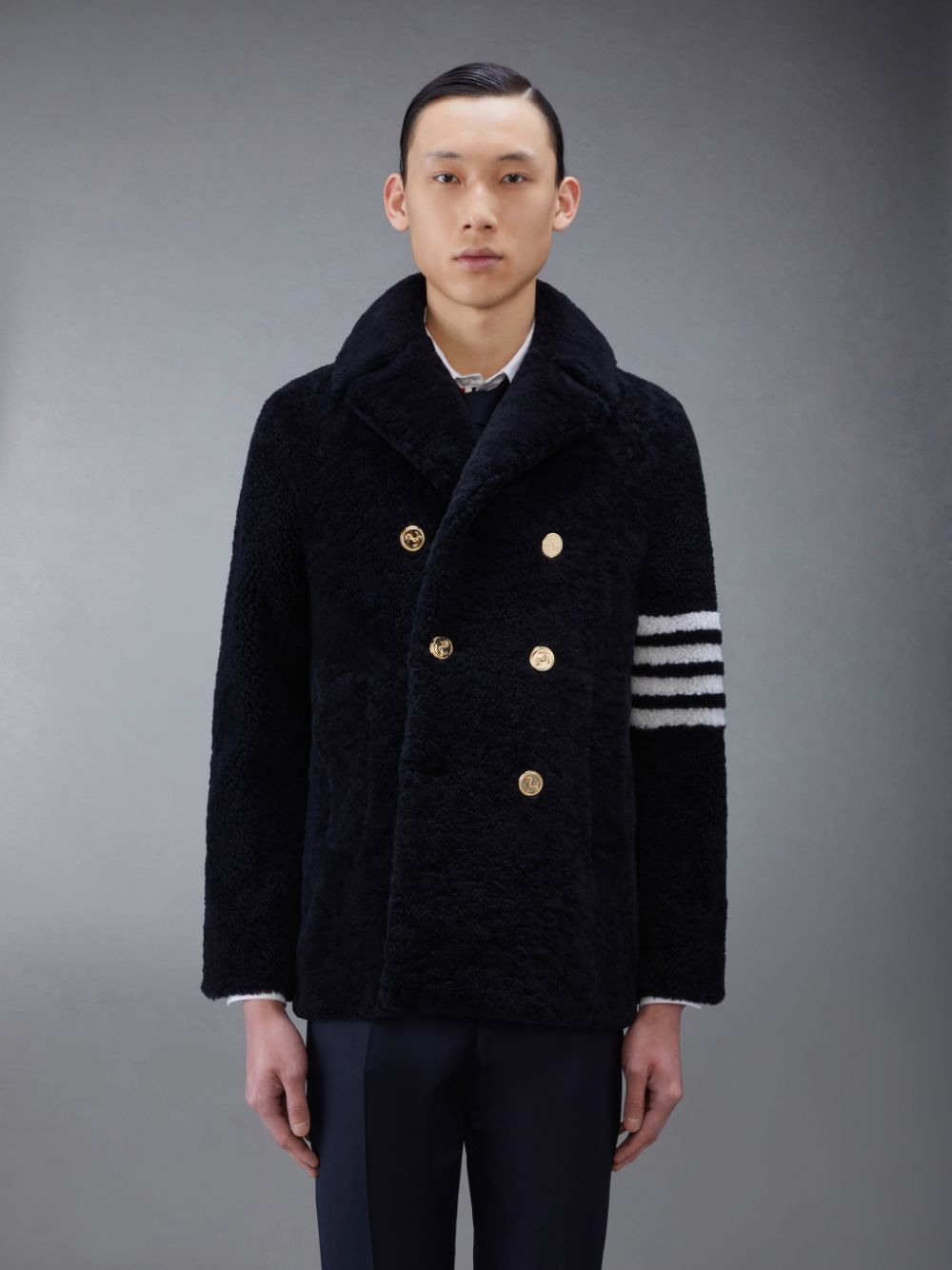 Thom Browne Shearling 4-Bar Peacoat Men Coats Blue | YIO02X43860