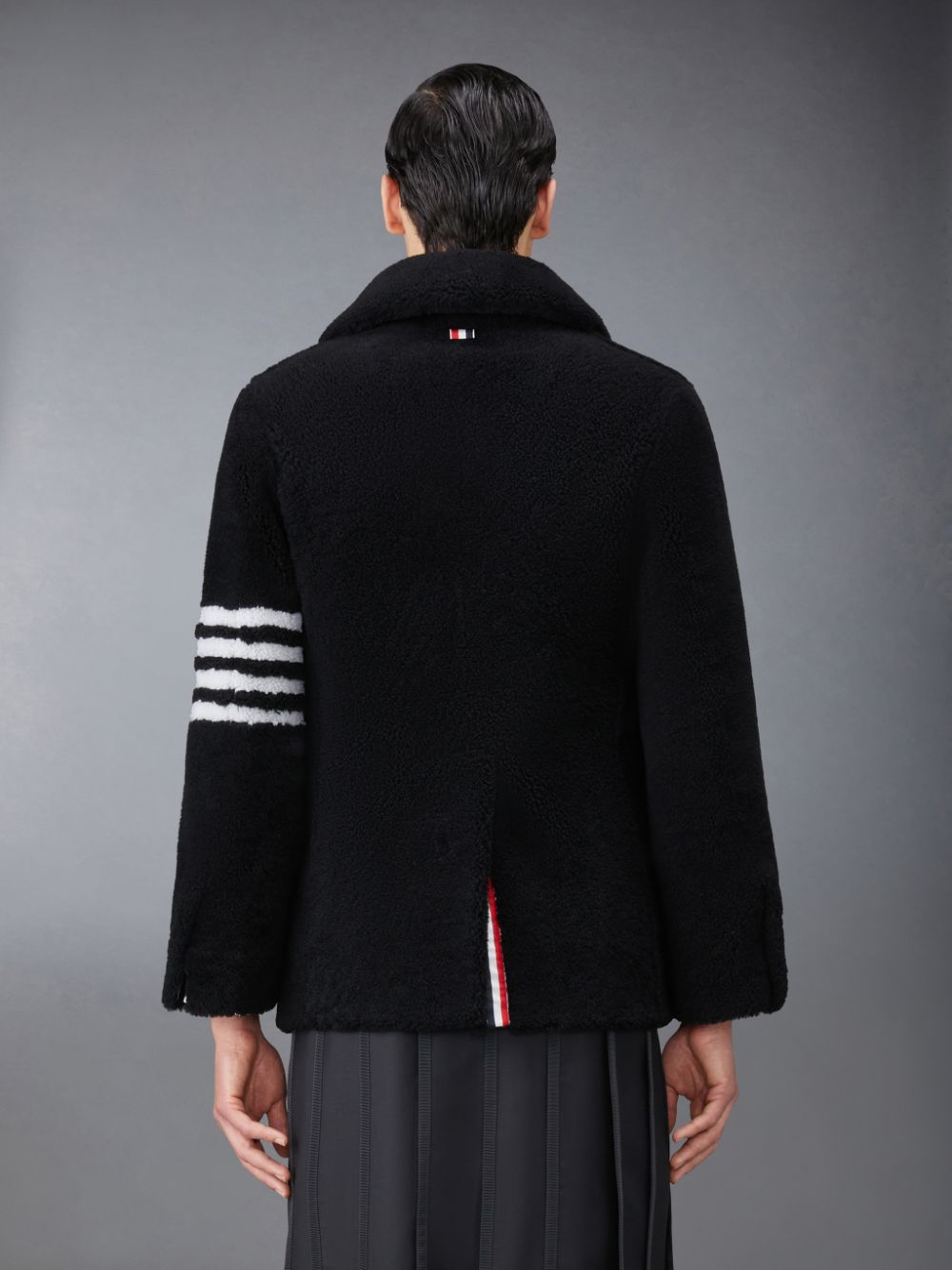 Thom Browne Shearling 4-Bar Peacoat Men Coats Black | RZL72N24475