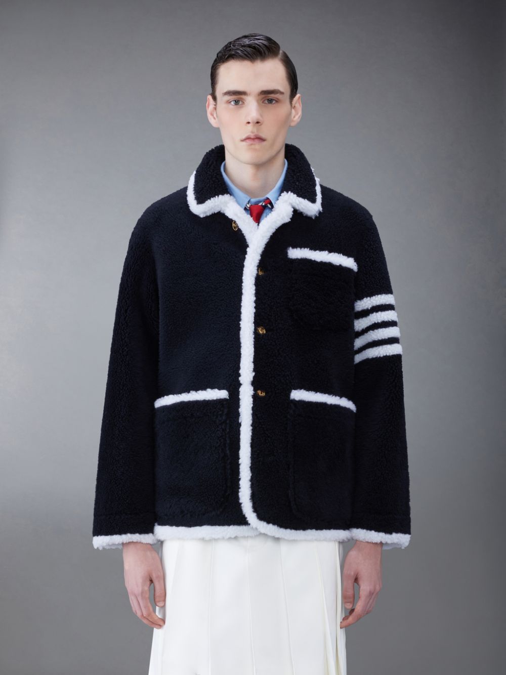 Thom Browne Shearling 4-Bar Sack Men Jackets Blue | VJS43Z08939