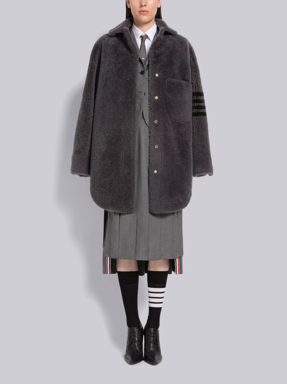 Thom Browne Shearling Supersize 4-Bar Shirtdress Women Coats Grey | CAS97L02695