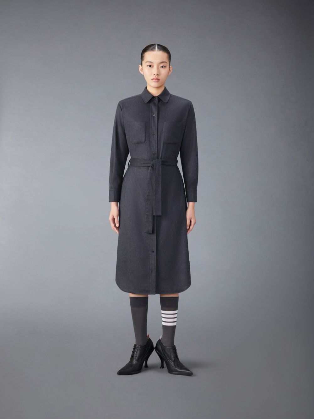 Thom Browne Silk Cashmere Maxi Shirt Women Dress Grey | VNR66K32102