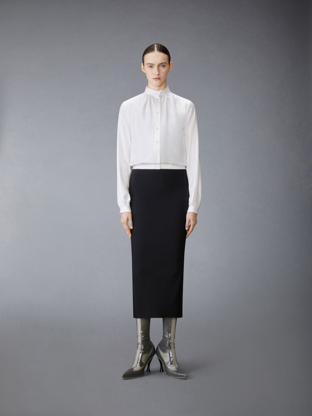 Thom Browne Silk Faille Button Placket Gathered Women Shirts White | HYG97Q38892