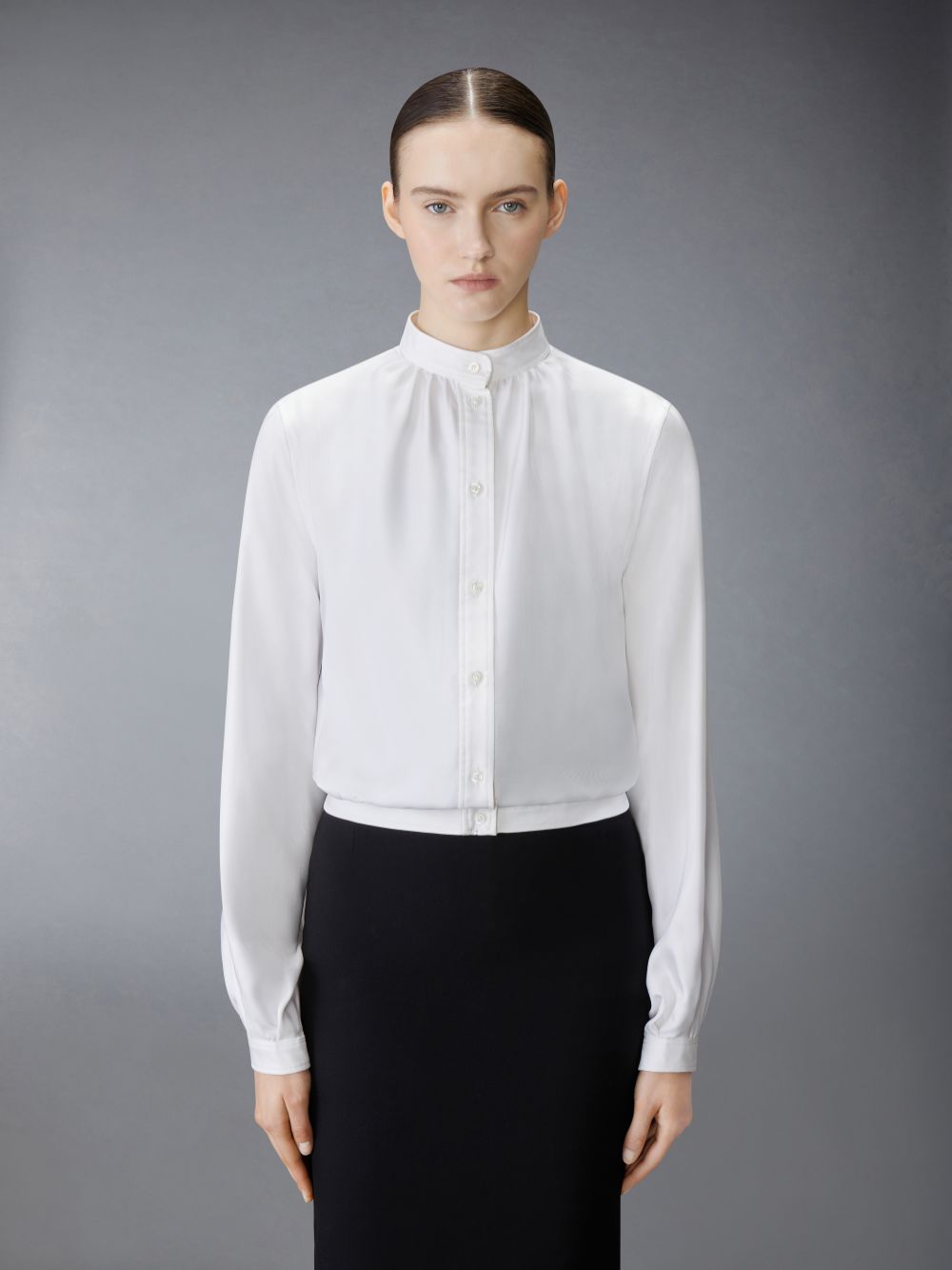 Thom Browne Silk Faille Button Placket Gathered Women Shirts White | HYG97Q38892