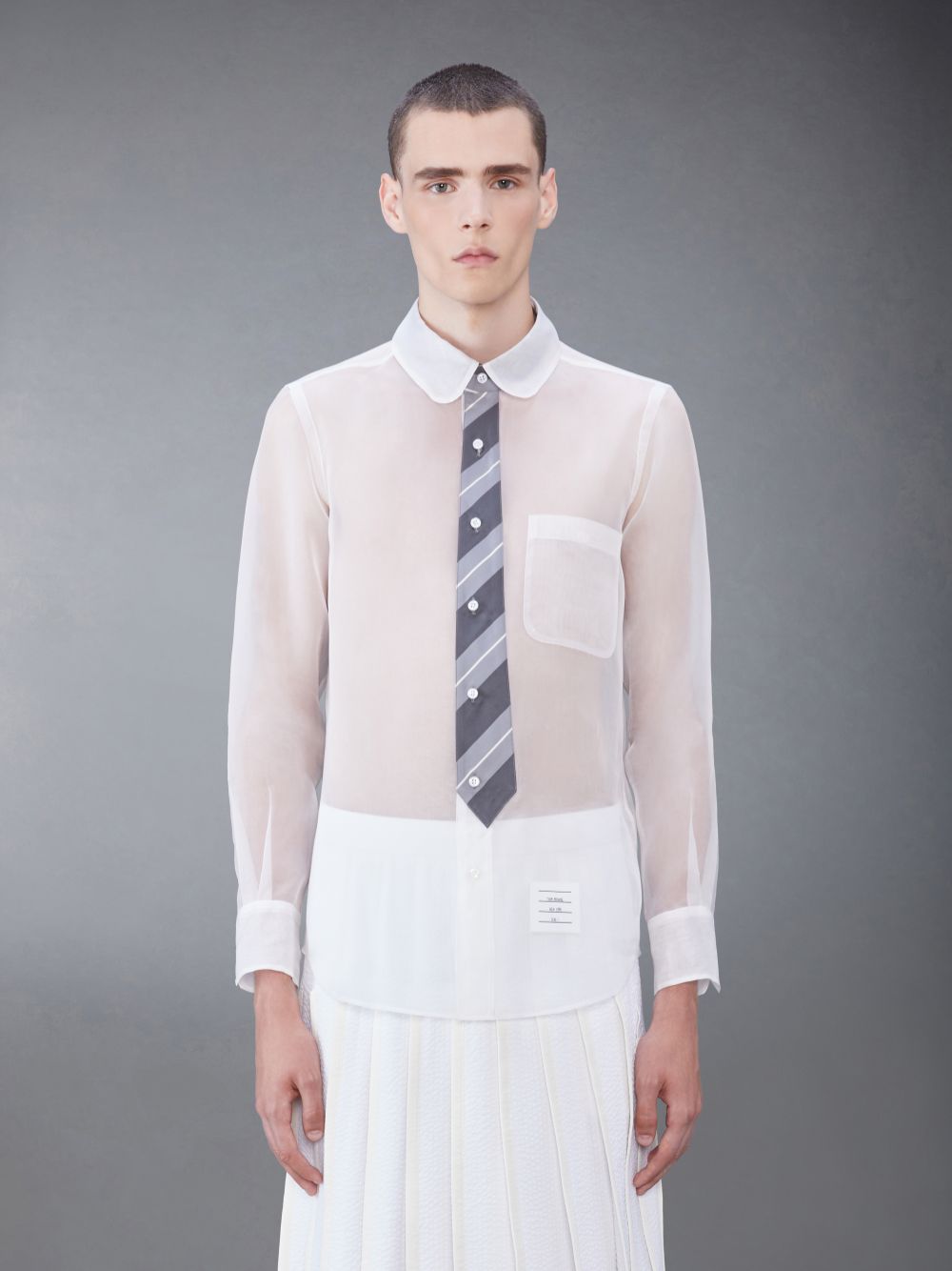 Thom Browne Silk Organza Tie Applique Round Collar Men Shirts White | PKY12Q53193