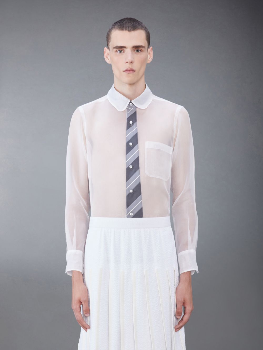 Thom Browne Silk Organza Tie Applique Round Collar Men Shirts White | PKY12Q53193