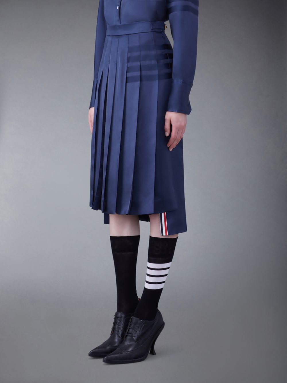 Thom Browne Silk Twill 4-Bar Midi Pleated Women Skirts Blue | TVV69O35164