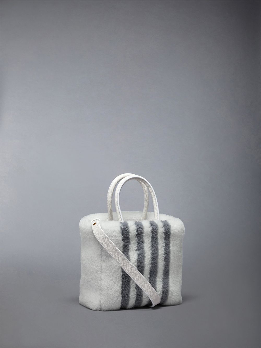 Thom Browne Small Book W/ Intarsia 4bar in Curly Merino Shearling Women Tote Bags White | QRW67R84936