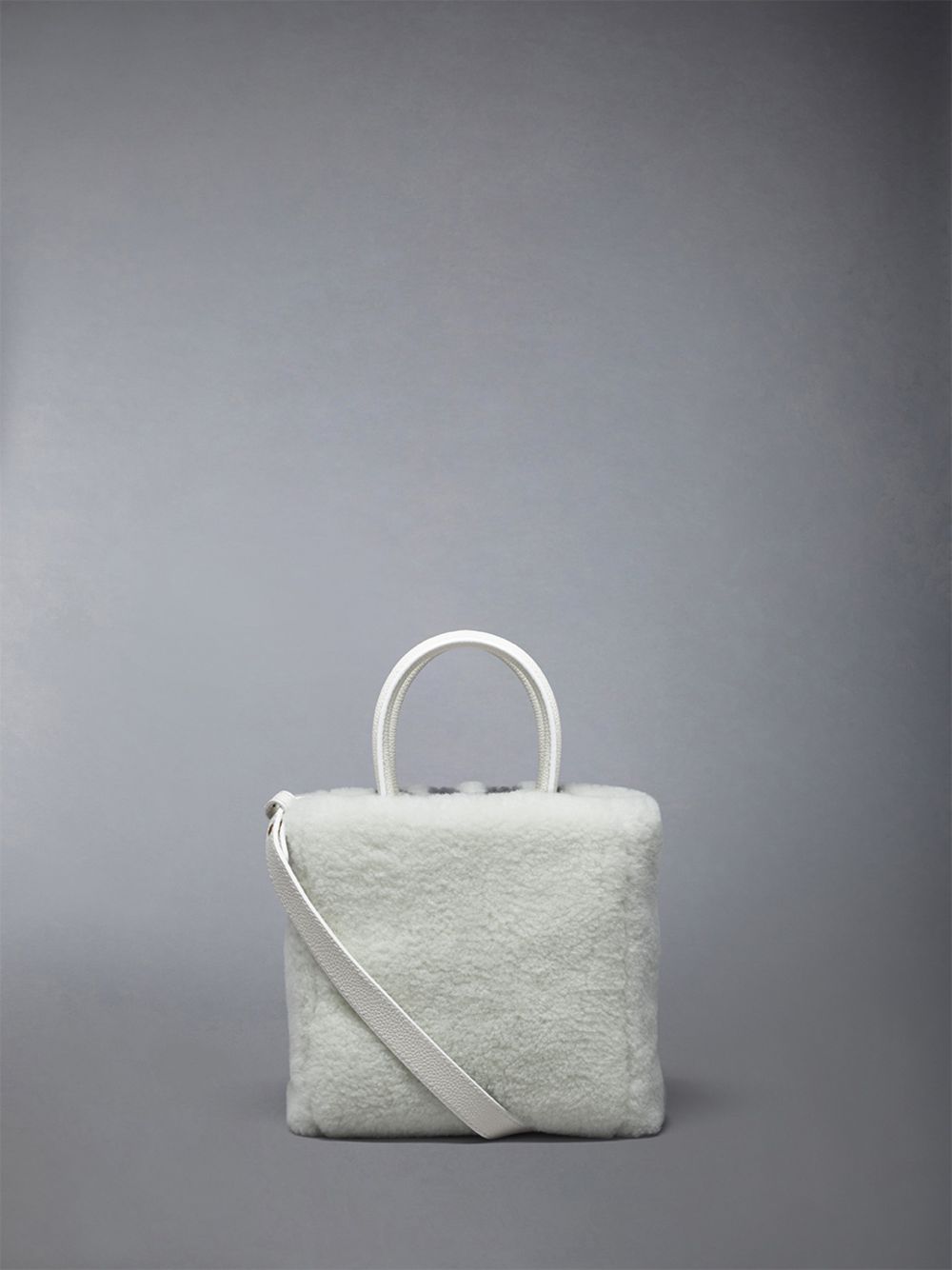 Thom Browne Small Book W/ Intarsia 4bar in Curly Merino Shearling Women Tote Bags White | QRW67R84936