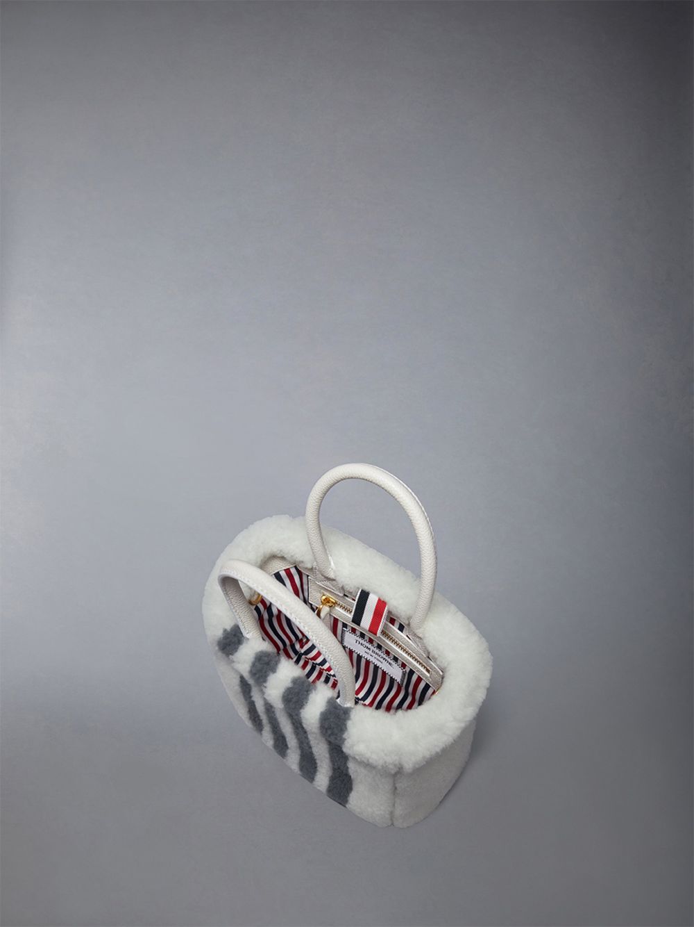 Thom Browne Small Book W/ Intarsia 4bar in Curly Merino Shearling Women Tote Bags White | QRW67R84936