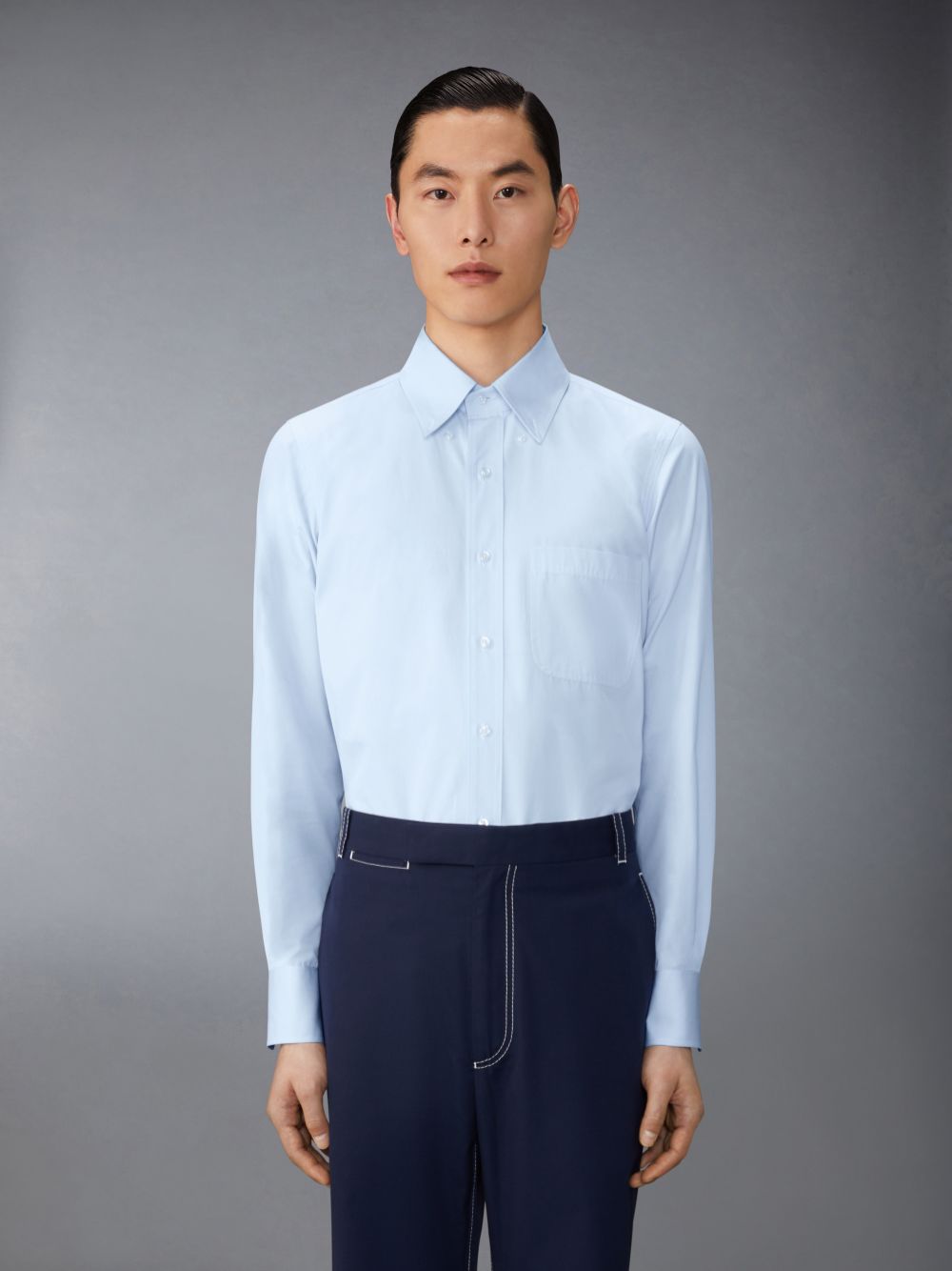 Thom Browne Solid Poplin Twin Needle Contrast Topstitching Men Shirts Blue | IVG73N85460