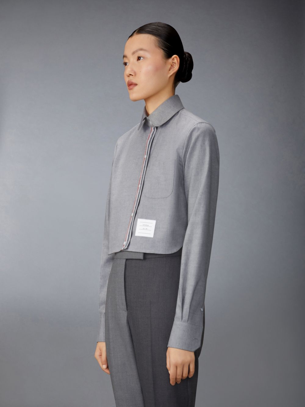 Thom Browne Stripe Cotton Flannel Classic Cropped Round Collar Women Shirts Grey | RKC07Y25084