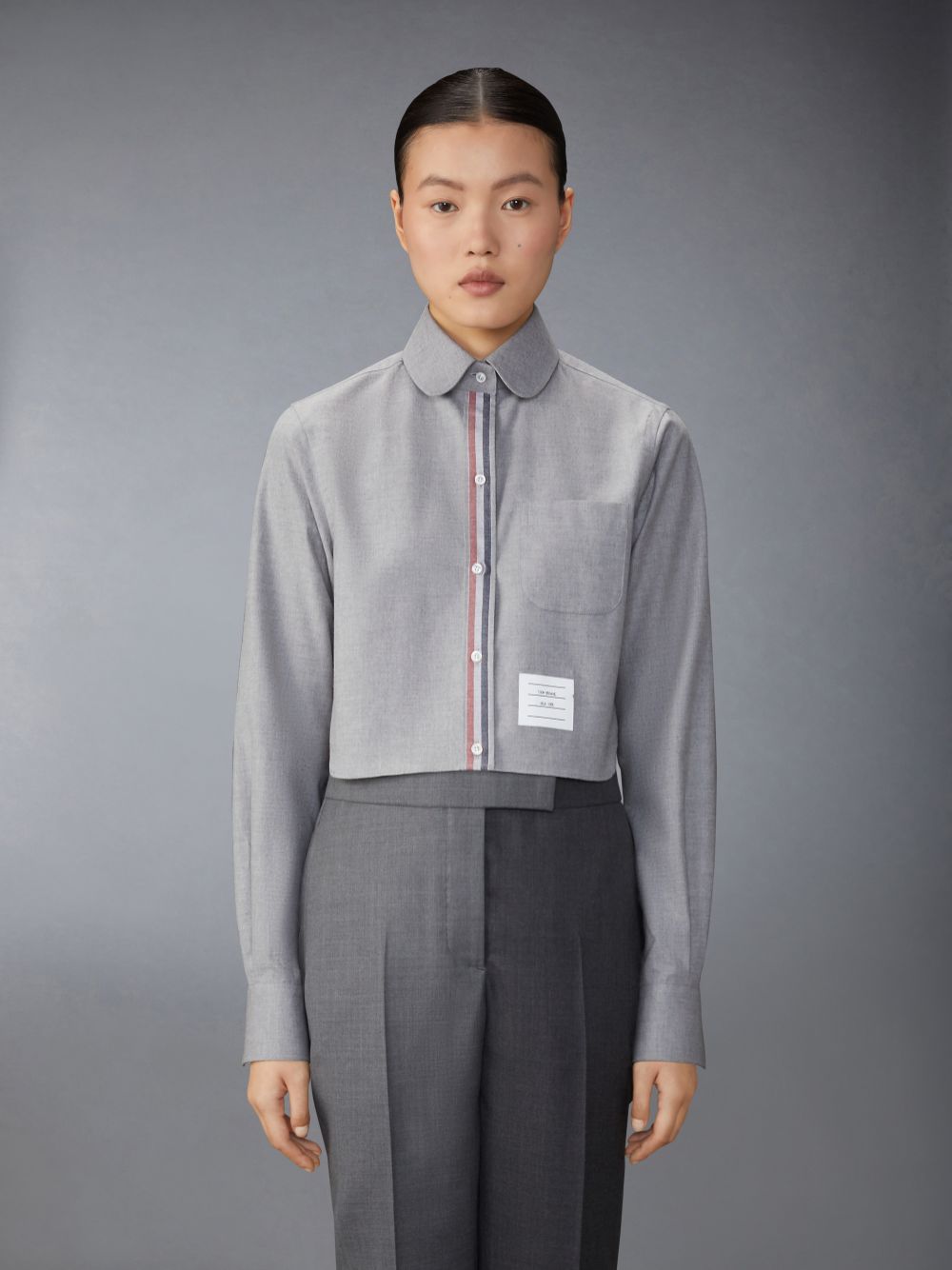 Thom Browne Stripe Cotton Flannel Classic Cropped Round Collar Women Shirts Grey | RKC07Y25084