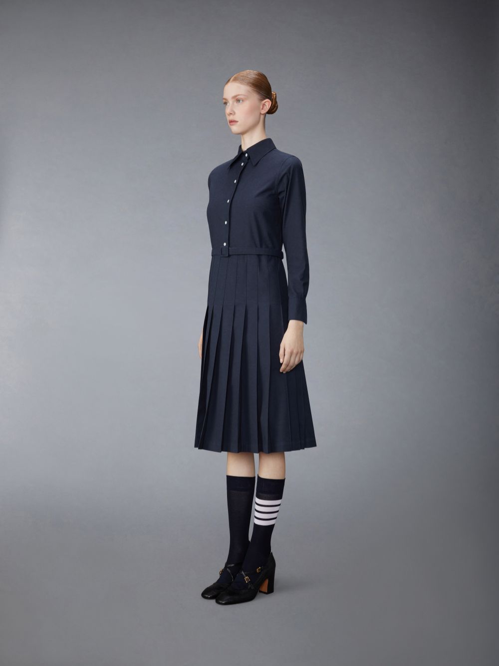 Thom Browne Stripe Cotton Flannel Midi Pleated Bottom Belted Women Dress Blue | AXR17I35028