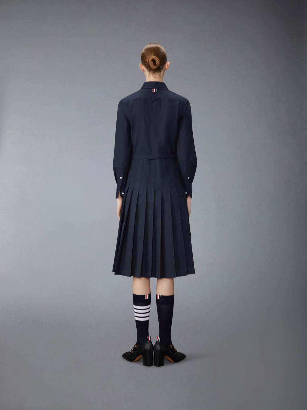 Thom Browne Stripe Cotton Flannel Midi Pleated Bottom Belted Women Dress Blue | AXR17I35028