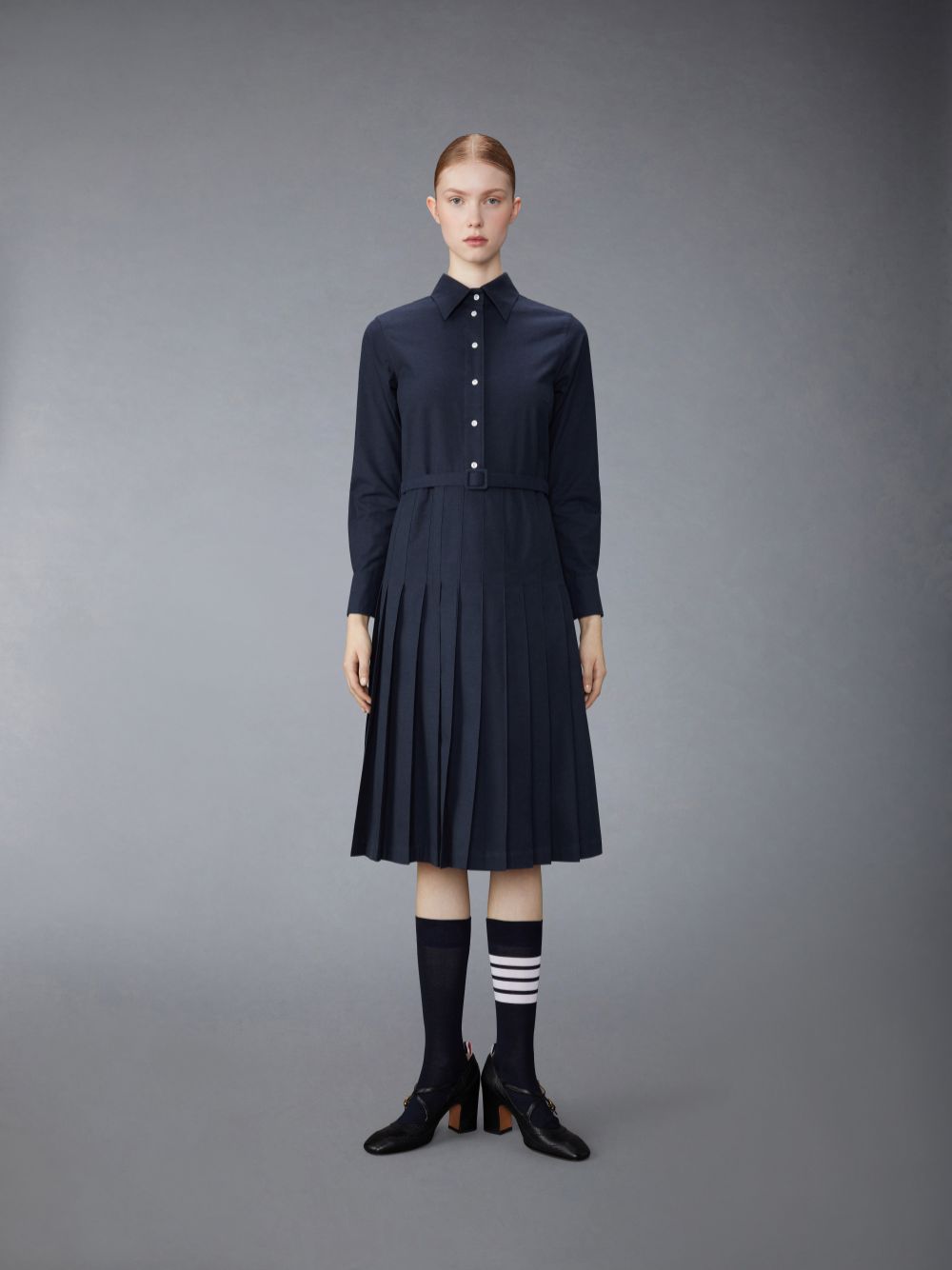 Thom Browne Stripe Cotton Flannel Midi Pleated Bottom Belted Women Dress Blue | AXR17I35028