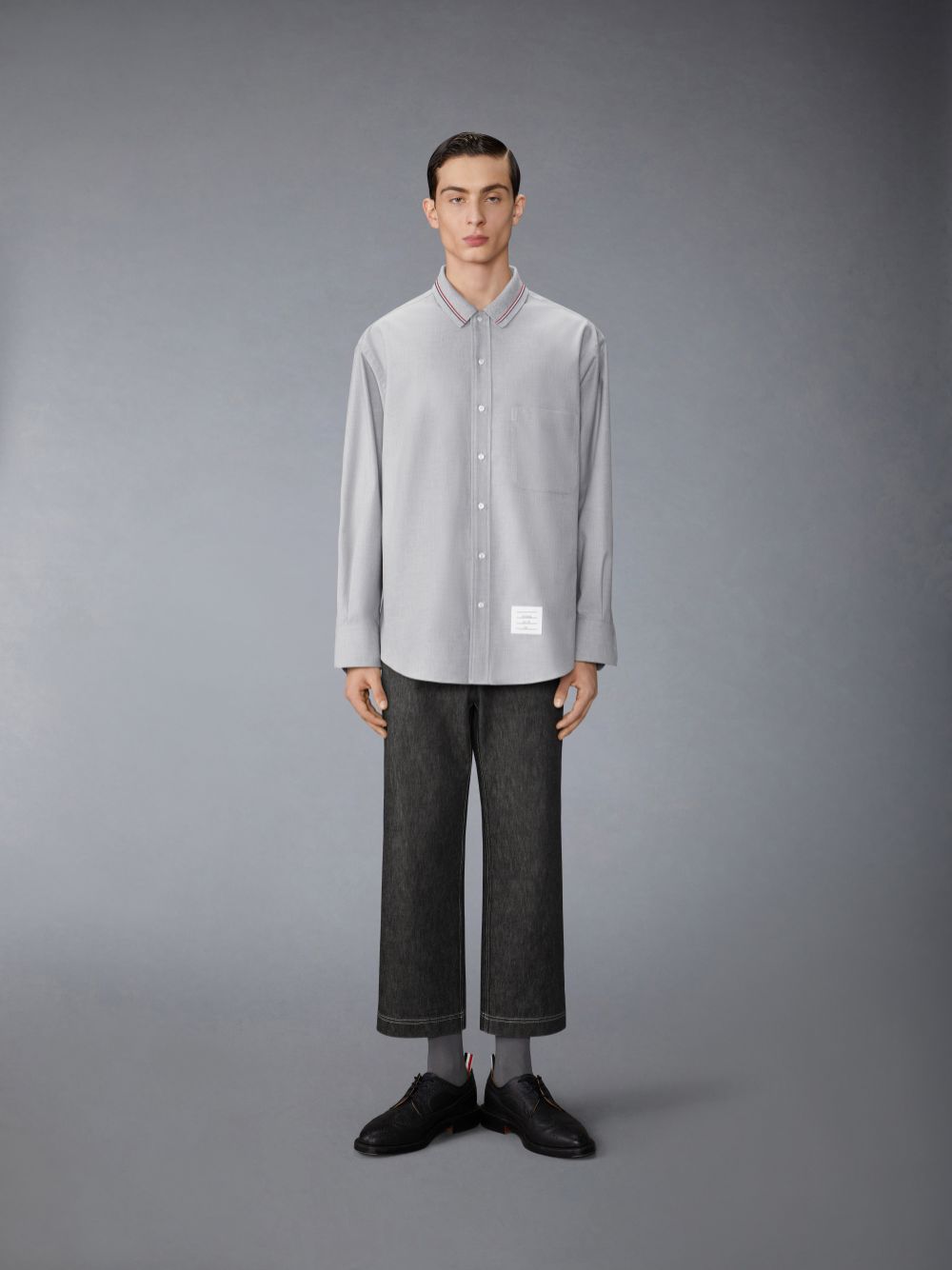 Thom Browne Stripe Cotton Flannel Oversized Men Shirts Grey | DMJ82B54048