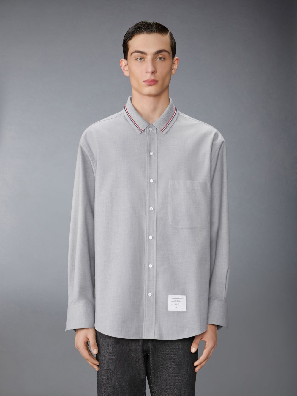 Thom Browne Stripe Cotton Flannel Oversized Men Shirts Grey | DMJ82B54048