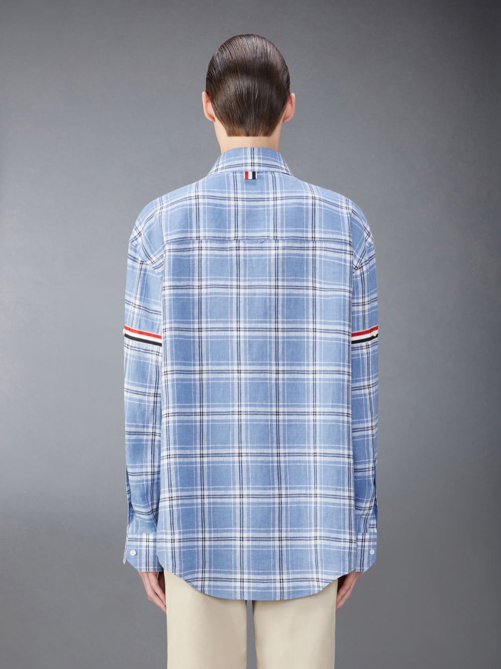 Thom Browne Stripe Linen Armband Oversized Men Shirts Blue | HOJ29Q91497