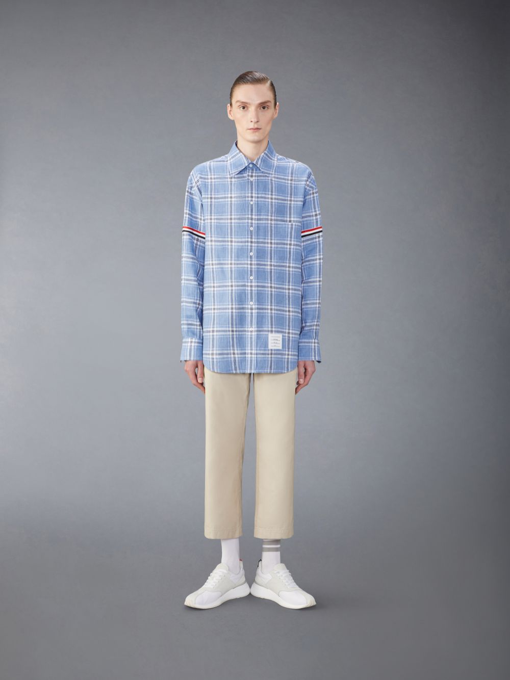 Thom Browne Stripe Linen Armband Oversized Men Shirts Blue | HOJ29Q91497