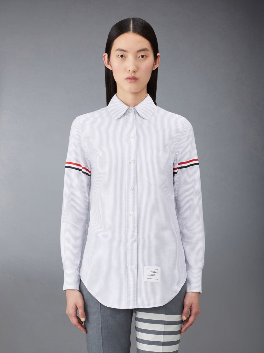 Thom Browne Stripe Oxford Armband Classic Round Collar Women Shirts Grey | NJU43H73872