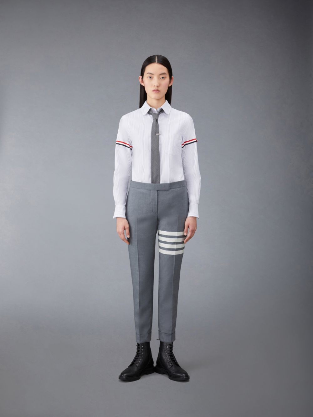 Thom Browne Stripe Oxford Armband Classic Round Collar Women Shirts Grey | NJU43H73872