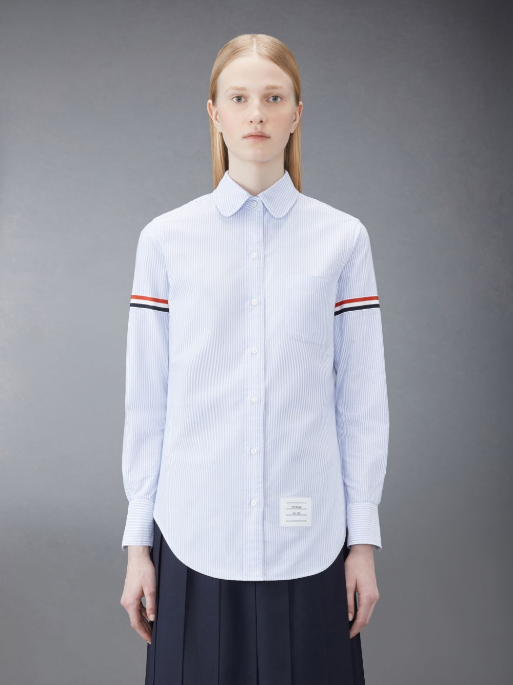 Thom Browne Stripe Oxford Armband Classic Round Collar Women Shirts Blue | QZP47O82066