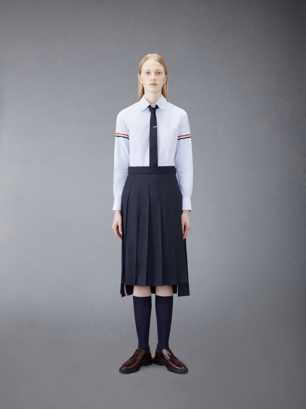 Thom Browne Stripe Oxford Armband Classic Round Collar Women Shirts Blue | QZP47O82066