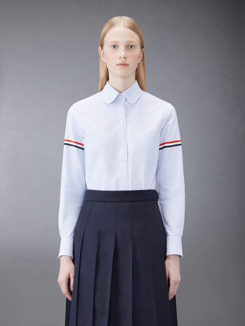 Thom Browne Stripe Oxford Armband Classic Round Collar Women Shirts Blue | QZP47O82066