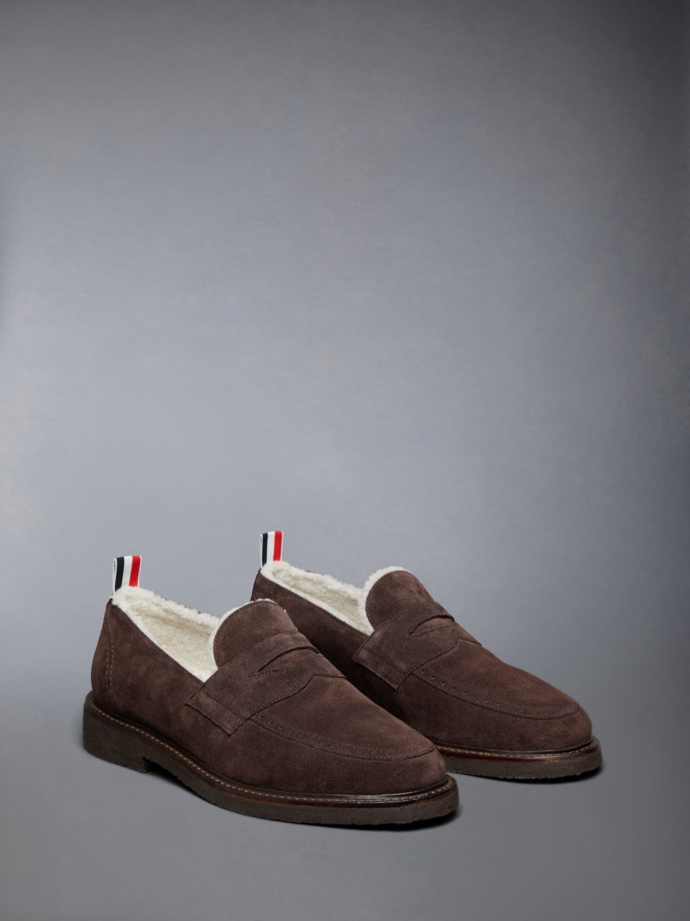 Thom Browne Suede Crepe Sole Shearling Penny Men Loafers Brown | DOR27T20449