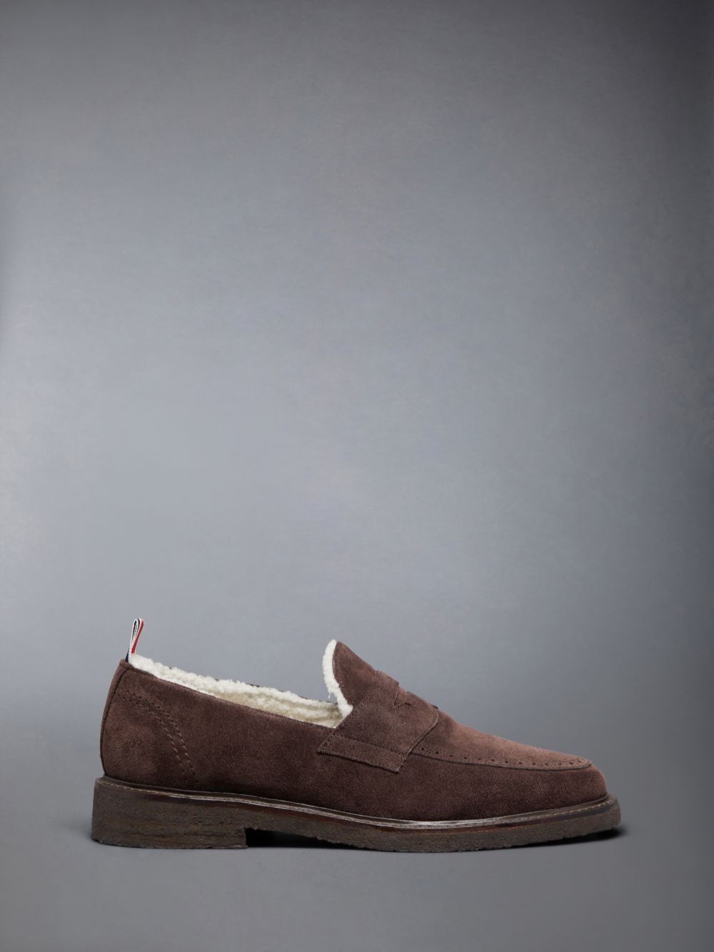 Thom Browne Suede Crepe Sole Shearling Penny Men Loafers Brown | DOR27T20449