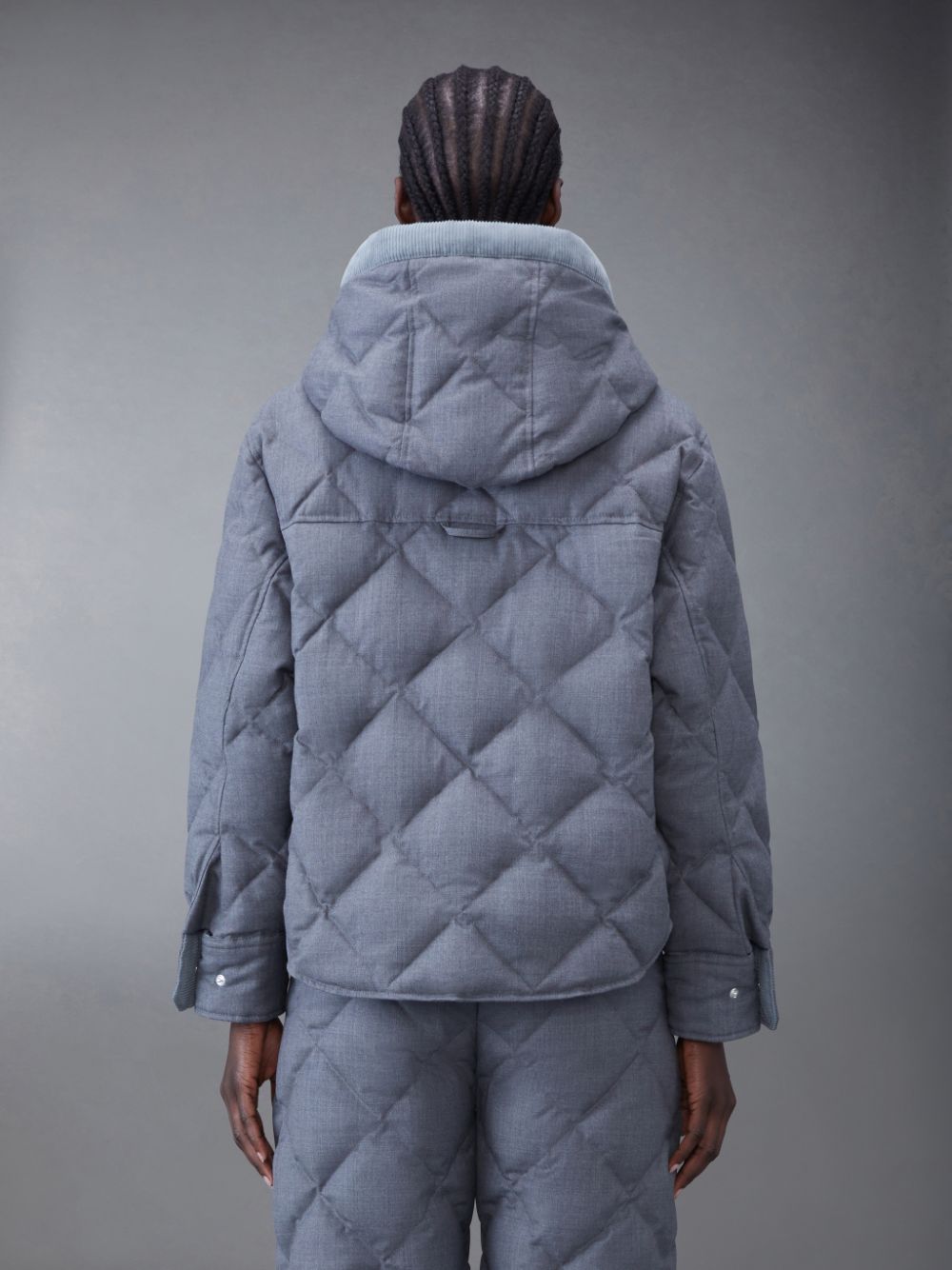 Thom Browne Super 120's Twill Down Hooded Patch Pocket Women Jackets Grey | MJM80X75275