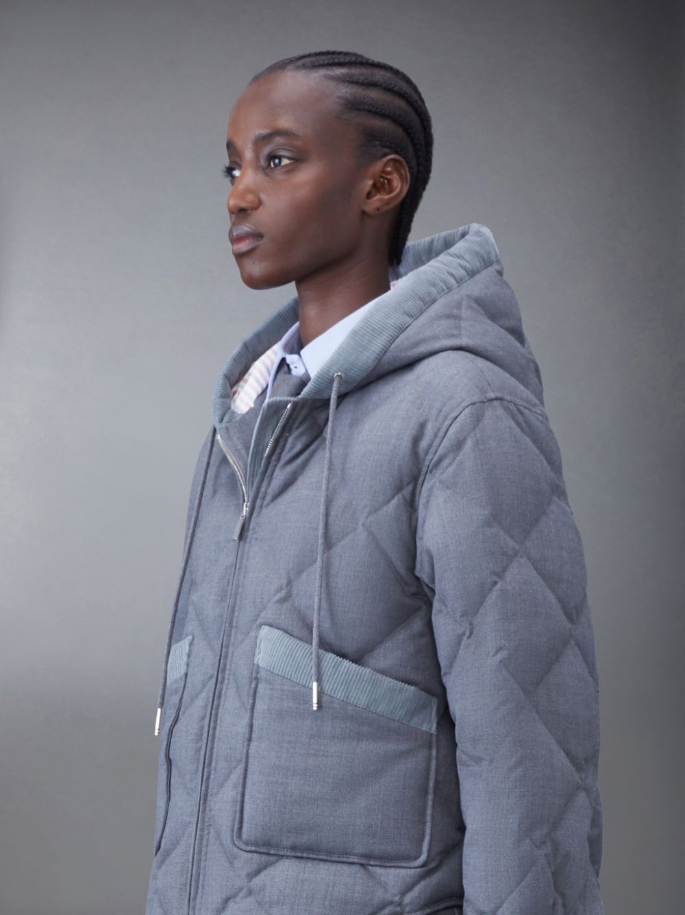 Thom Browne Super 120's Twill Down Hooded Patch Pocket Women Jackets Grey | MJM80X75275