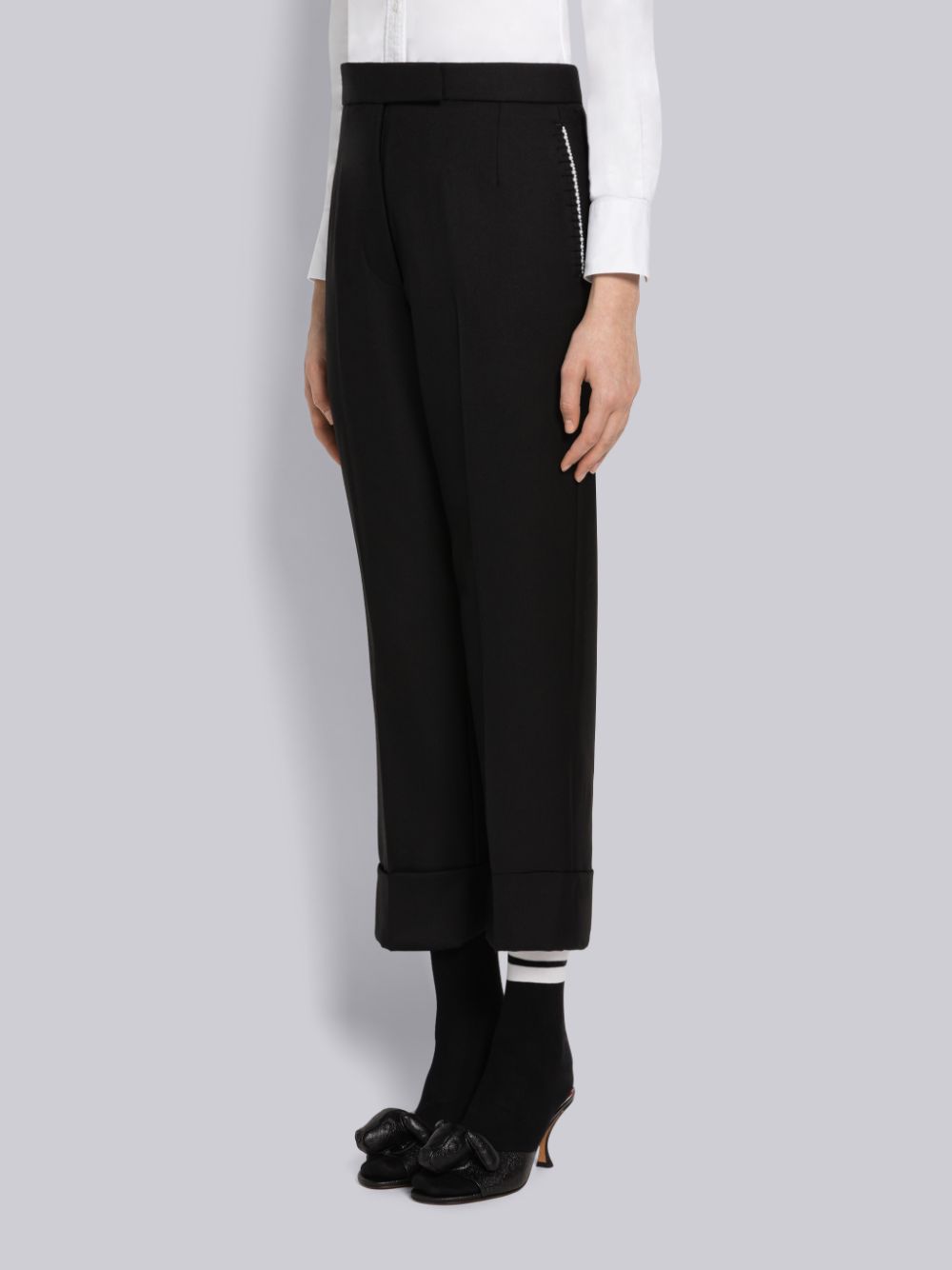 Thom Browne Super 120s Wool Twill Classic Backstrap With Pearls Women Pants Black | KAJ99L52891