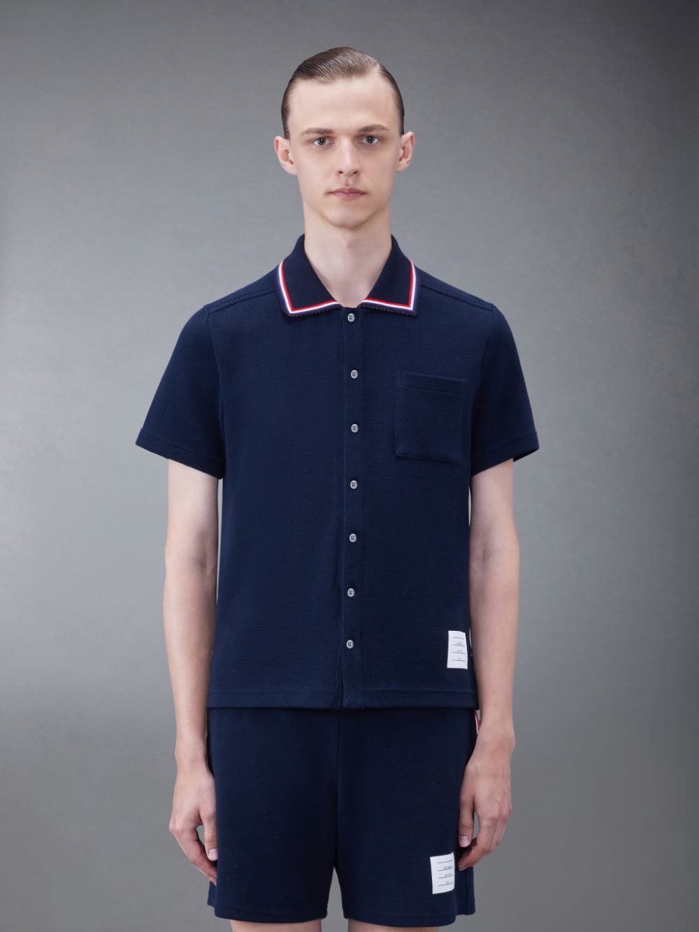 Thom Browne Textured Cotton Short Sleeve Polo Men Shirts Blue | YXY21H61731