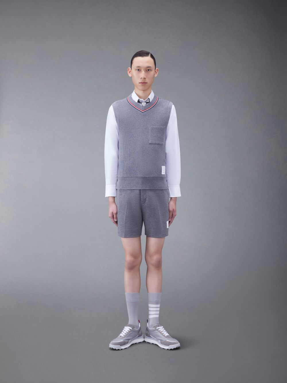 Thom Browne Textured Cotton V-Neck Men Vest Grey | QFX39S86493