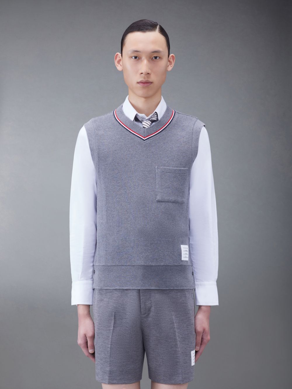 Thom Browne Textured Cotton V-Neck Men Vest Grey | QFX39S86493