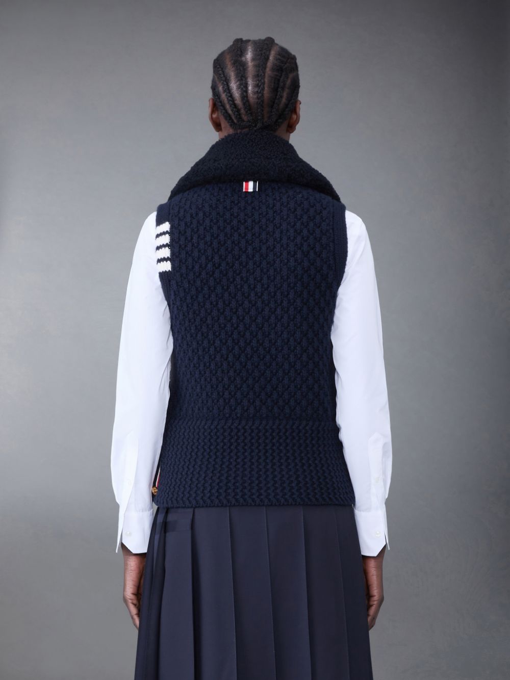 Thom Browne Textured Wool and Shearling 4-Bar Combo Women Vest Blue | KRQ97V79763