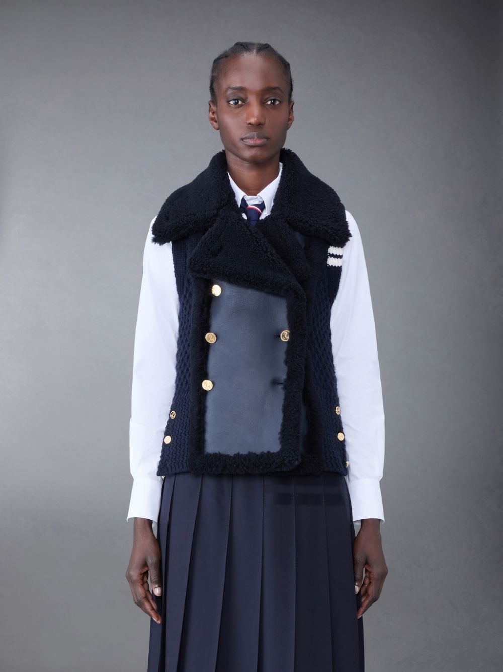 Thom Browne Textured Wool and Shearling 4-Bar Combo Women Vest Blue | KRQ97V79763